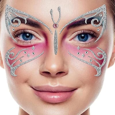 2 Stuks Vlindertattoo Gezicht Glitter - Tijdelijke Gezichtsstickers Carnaval Themafeest, Feestelijke Make-up met Glitter.