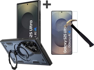 Hoesje Geschikt voor Samsung Galaxy S25 Ultra met gehard glas Screenprotector - Armor hoes met Ringhouder - Arara backcover - Navy