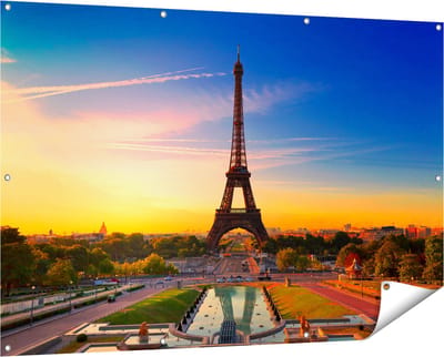 Gards Tuinposter Parijs Eiffeltoren tijdens de Zonsopkomst - 150x100 cm - Tuindoek - Tuindecoratie - Wanddecoratie buiten - Tuinschilderij