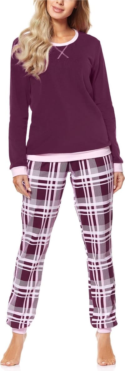 Merry Style MS-MS10-168-PJ Dames Pyjama - ronde hals - lange mouwen - lange broek met zakken - Katoen - Wijn/Geruit - S