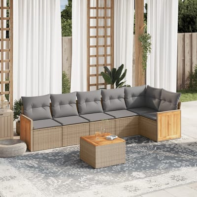 vidaXL - 7-delige - Loungeset - met - kussens - poly - rattan - beige