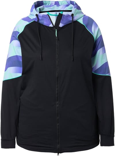 Ulla Popken - Dames - Light-functionele jas UV-bescherming 50+ capuchon duimgat - Zwart - Maat 42+