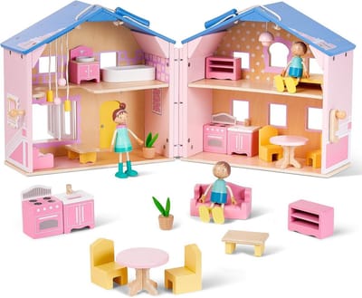 Opvouwbaar Roze Poppenhuis met Meubels en Poppetjes voor Meisjes
