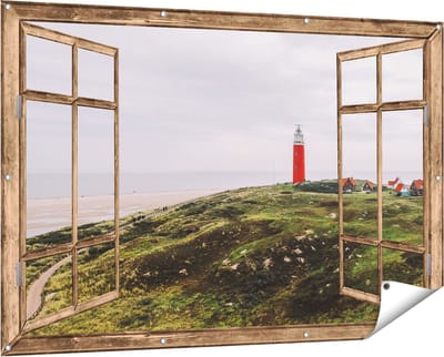 Gards Tuinposter Doorkijk Vuurtoren Texel - 150x100 cm - Tuindoek - Tuindecoratie - Wanddecoratie buiten - Tuinschilderij