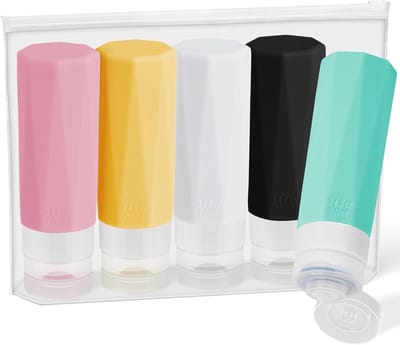 Famanu – Reisflessen 100ml - 5 Stuks Hervulbare Siliconen Reizflesjes - met Opbergtas - Lekvrije Reiscontainers voor Vloeistoffen - Shampoo - Lotion