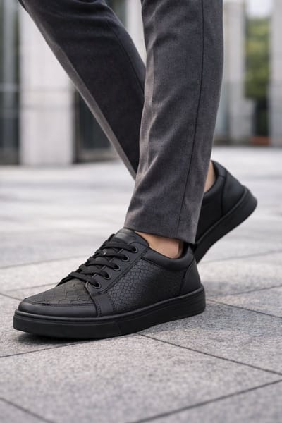 Veterschoenen- Heren Schoenen- Heren Sneakers- Stijlvolle Leren Casual Schoenen met Slangenprint – Comfortabele Lage Veterschoenen 109- Zwart- Maat 40