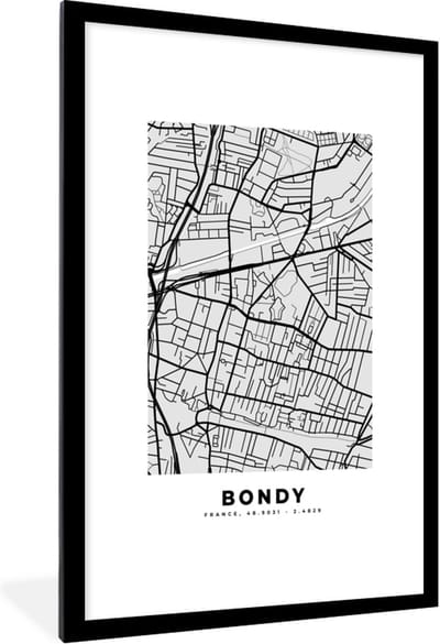 Fotolijst incl. Poster - Plattegrond - Bondy - Stadskaart - Kaart - Frankrijk - 80x120 cm - Posterlijst