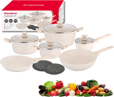 Klausberg KB-7959 Pannenset 12 Delig Beige | Marmer Anti-aanbaklaag | Inclusief Koekenpan en Wok | Geschikt voor Inductie | Cremewit