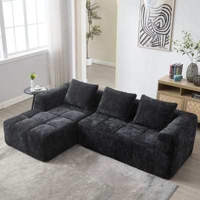 3-zitsbank, Moderne Hoekbank, L-vormige Bank, geen Montage Nodig, Chenille Bank met Chaise Longue en Armleuningen, 3 Kussens, Zijvak voor Afstandsbediening, Zwart