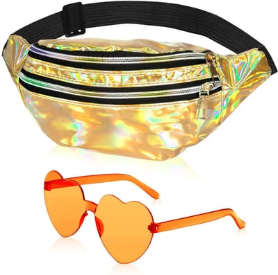 80 en 90 accessoires, buiktas voor dames, glitters, metallic heuptas met hartbril, jaren 70, 80, 90 outfit voor dames, voor carnaval, discofeestjes, goud, cool