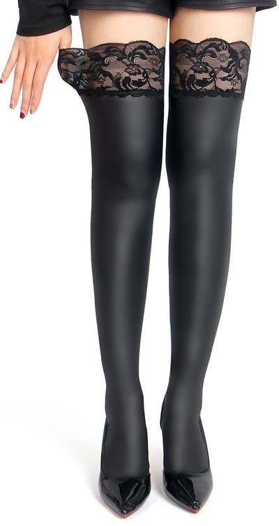 Zeloria Matte Wetlook / PU leer Kousen met Kant Rand – Zwart – Thigh High Stockings met Lace Top – XS-M