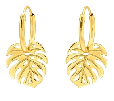 Joy|S - Zilveren blad bedel oorbellen - monstera - oorringen - gold plated