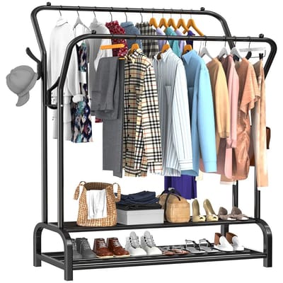 Sierra Industrieel Kledingrek - Metaal - 110x33x152 CM - Zwart - Opbergruimte Voor Schoenen - Garderoberek Met Haken