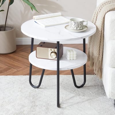 Ronde salontafel - Bijzettafel rek - Opbergen woonkamer - Twee verdiepingen - 50 x 50 x 50 cm - Wit