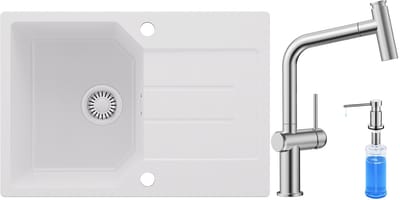 Anycee MAX Spoelbak Keuken 65x45CM - Granieten Spoelbakken Met Keukenkraan met uittrekbare uitloop en Zeepdispenser - Onderbouw Spoelbak Wit - Met waterafvoersysteem - Voor 40 cm kast