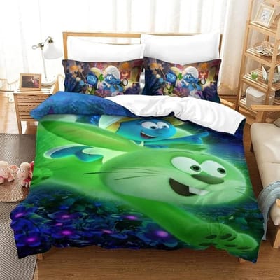 Housse de couette Schtroumpfs Motif Animé Mignon Impression 3D Ensemble de literie Elfes Bleus Pour Adolescents Adultes Avec Fermeture Éclair Décoration de Chambre 150*200cm 3pcs