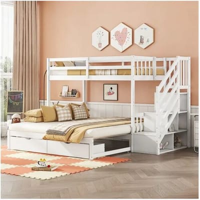 Merax Stapelbedden 2 x 90 x 200 cm met onderschuifbed - 2 laden en opbergplanken - grenenhout - wit (zonder matras)