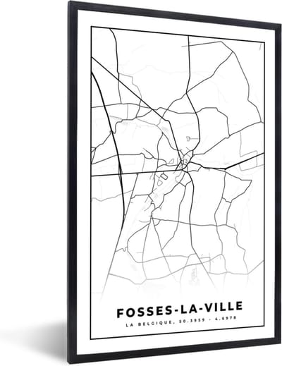 Fotolijst incl. Poster Zwart Wit- Plattegrond – Fosses la Ville – Zwart Wit – Stadskaart - Kaart - België - 40x60 cm - Posterlijst
