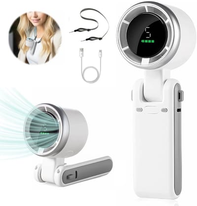 Hand Ventilator - 5 Snelheidsstanden - 180° verstelbaar - Met Turbofunctie - 3600 mAh - stil - met Slim LED-display - USB-opladen - met Draagkoord - Maak je handen vrij - Lange Accuduur - draagbare ventilator voor buiten ，binnen, reizen, sport（wit）