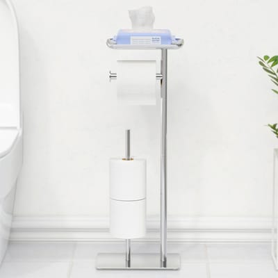 Vrijstaande Toiletpapierhouder met Bovenste Plank, Geschikt voor 4 Rollen, RVS Toiletpapierdispenser voor Badkamer