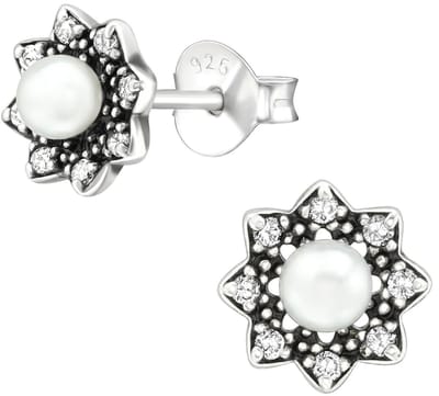 Joy|S - Zilveren Bali bloem oorbellen met parel - 8 mm - zirkonia - geoxideerd - oorknoppen
