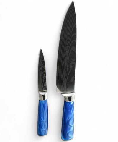 KAAMUT® 2-delige Messenset Damascus Look – Handgesmeed – Vlijmscherp – Professionele Koksmessen – Handvat van Saffierblauwe Epoxy
