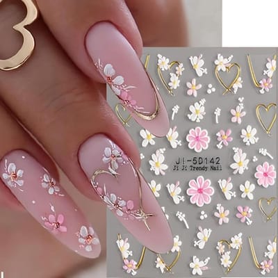 Autocollants pour Ongles Français 5D - Décor Amour Floral & Géométrique, Cadre Doré, Design Fleur de Cerisier, Sliders Auto-Adhésifs Acryliques en Relief pour Manucure gray