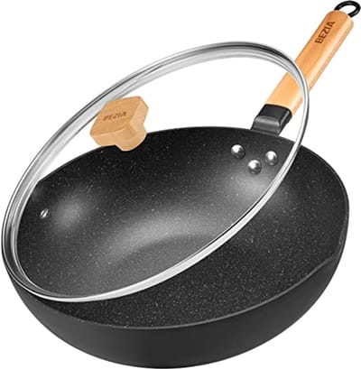 Inductieve Wokpan met Deksel 30cm - Non-Stick Roerbakpan met Houten Handvat - Ovenbestendig en Geschikt voor Alle Kookplaten