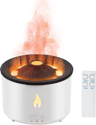 Vlammende aroma diffuser, luchtbevochtiger, vulkaanontwerp, 300 ml, met timer/lichtverandering/nachtlampje en afstandsbediening - wit/gebarsten