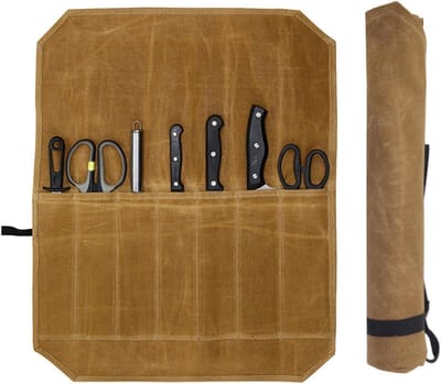 Professionele Keukenmes Opbergzak van Gewaxed Tarpaulin, Geschikt voor Koken, Vissen en Barbecue, Khaki, Handig en Duurzaam