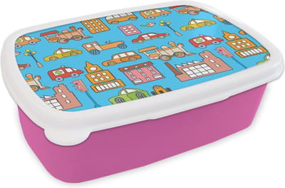 Broodtrommel Roze - Lunchbox - Brooddoos - Patronen - Auto - Huis - 18x12x6 cm - Kinderen - Meisje