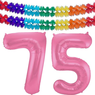 Folat Verjaardag Leeftijd folieballon - 75 jaar - roze - 86 cm - cijferballon groot - incl 2x feestslingers