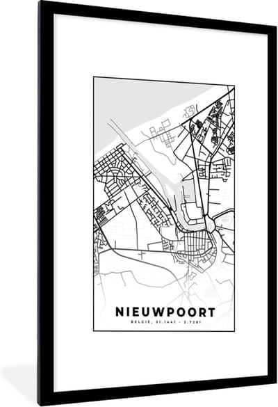 Fotolijst incl. Poster Zwart Wit- Plattegrond – Nieuwpoort – Zwart Wit – Stadskaart - Kaart - België - 60x90 cm - Posterlijst