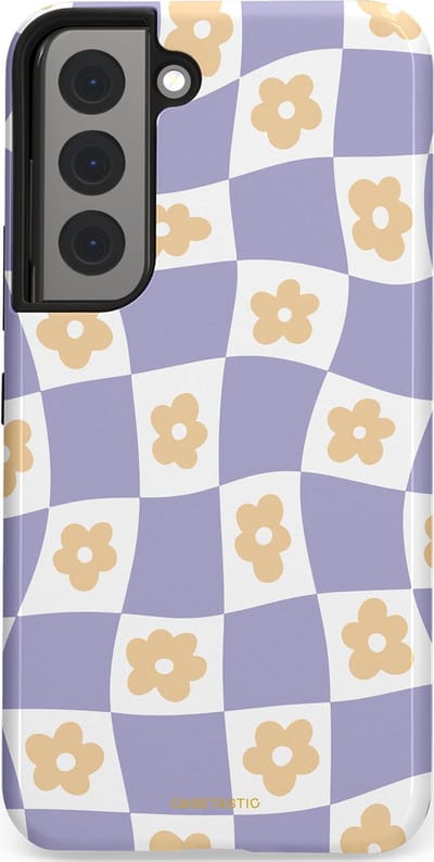 Casetastic hoesje geschikt voor Samsung Galaxy S22 - Dubbellaagse bescherming - Kronkelende madeliefjes - Fashion Case - Lila Wit Zand Lichtgrijs