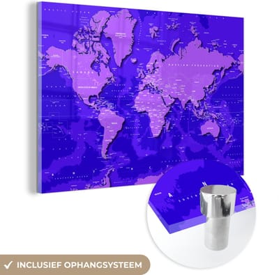 ® Glasschilderij 150x100 cm - Schilderij acrylglas - Wereldkaart - Stoer - Paars - Foto op glas - Muurdecoratie woonkamer - Wanddecoratie slaapkamer - Schilderijen