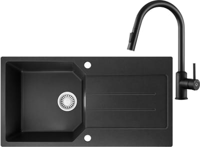 Anycee max Granieten Spoelbak 86x45CM - Spoelbakken Keuken Met Keukenkraan - Spoelbak Met Planchet en Afdruiprek - Spoelbakken Incl. Sifon en Afvoerzeefje - Zwart