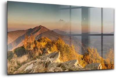 Wallfluent Glasschilderij - Bieszczady-gebergte Schilderij Op Glas - 100x50 cm - Geel Horizontale muurfoto - Natuur Foto In Glas - Foto Glas - Glas Foto