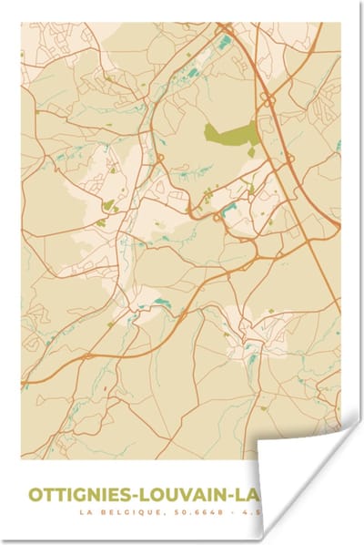 Poster Stadskaart - België - Ottignies-Louvain-la-Neuve - Kaart - Plattegrond - 120x180 cm XXL
