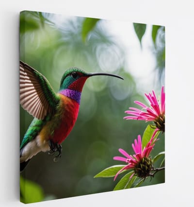 Saammp Canvas Schilderij - Kolibrie - Portret - Natuur - Dieren - 20x20 - Foto op canvas - Wanddecoratie - Muurdecoratie Woonkamer - Slaapkamer decoratie - Canvas Print