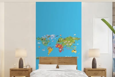 Behang - Fotobehang Wereldkaart Kinderen - Modern - Symbolen - Breedte 120 cm x hoogte 240 cm
