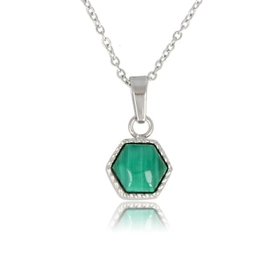 My Bendel - Ketting Zilverkleurig met Zeshoek Malachite Edelsteen - Zilverkleurige Ketting met Malachite Zeshoek Hanger - met Luxe Cadeauverpakking | Sieraden Voor Dames