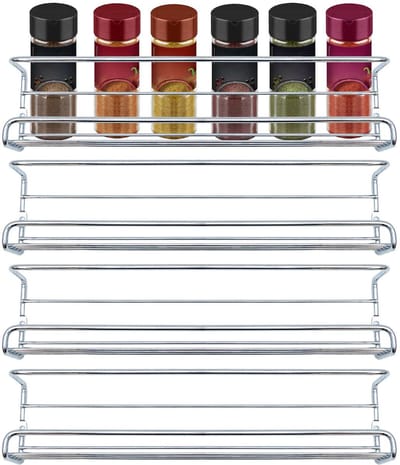 Intirilife Kruidenrek Set zonder boren, 4 hangende rekken van Zilver Ijzer - 29.2 x 6.2 x 6.8 cm - Wandmontage met zelfklevende haken of schroeven, Kruidenhouder, Opslag, Keukenrek