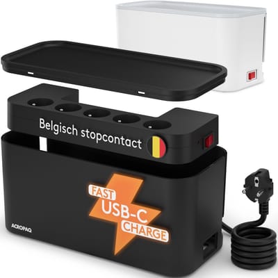 ACROPAQ Kabelbox stekkerdoos – Zwart – 5x Belgisch stopcontact, USB-A, QC USB-A & USB-C – Kabeldoos met geïntegreerde stekkerdoos – Kabel organiser voor snoeren wegwerken