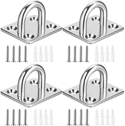 Dailygoods- Pad Eye Plate - Heavy Duty - 4 Stuks - 304 Roestvrij Staal - Beugel voor Hangmat - Muur/Plafond Bevestiging - Inclusief Schroeven en Ankers - Haak