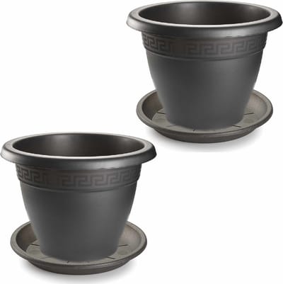 2x stuks bloempotten met onder opvangschaal in kleur antraciet grijs - rond diameter 30 cm - Plantenpotten/bakken