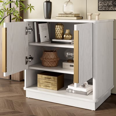 Modern wit schoenenkastje met 2 deuren en open vakken - gangkast - houten uitstraling met gouden handvat - schoenenrek - 60×40×61 cm