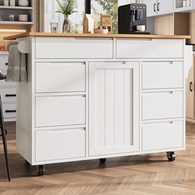 Keukeneiland met 8 laden: uittrekbare keukentrolley & serveerwagen met inklapbaar werkblad, kruidenrek en wieltjes, 122 x 74,5 x 91,5 cm, ideaal voor extra opbergruimte en functionaliteit in de keuken