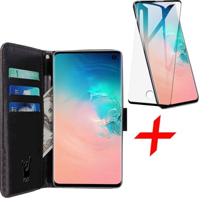 Hoesje geschikt voor Samsung Galaxy S10 - Screen Protector FullGuard - Book Case Kunstleer Pasjeshouder Zwart & Screenprotector