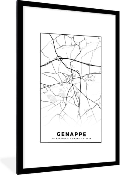 Fotolijst incl. Poster Zwart Wit- Stadskaart – Plattegrond – België – Zwart Wit – Genappe – Kaart - 60x90 cm - Posterlijst