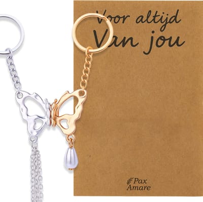 Koppel Sleutelhanger voor 2 'Voor altijd van jou' - Vlinder - Sleutelhanger set op Cadeau Kaartje - Goudkleurig & Zilverkleurig - Persoonlijke Hanger - Pax Amare